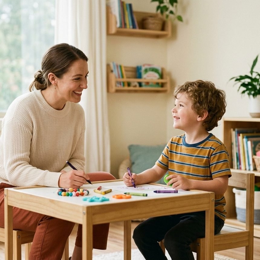 A NeuroTip practitioner supports a child as they draw together in a bright room at the centre